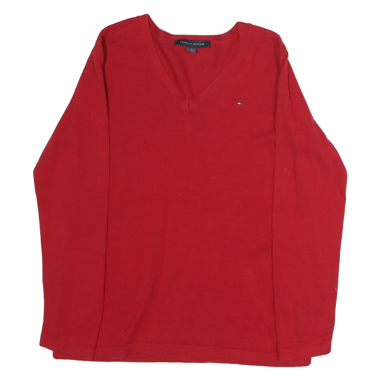 TOMMY HILFIGER Mens Red Plain Jumper V-Neck Basic Knit M Cotton Casual