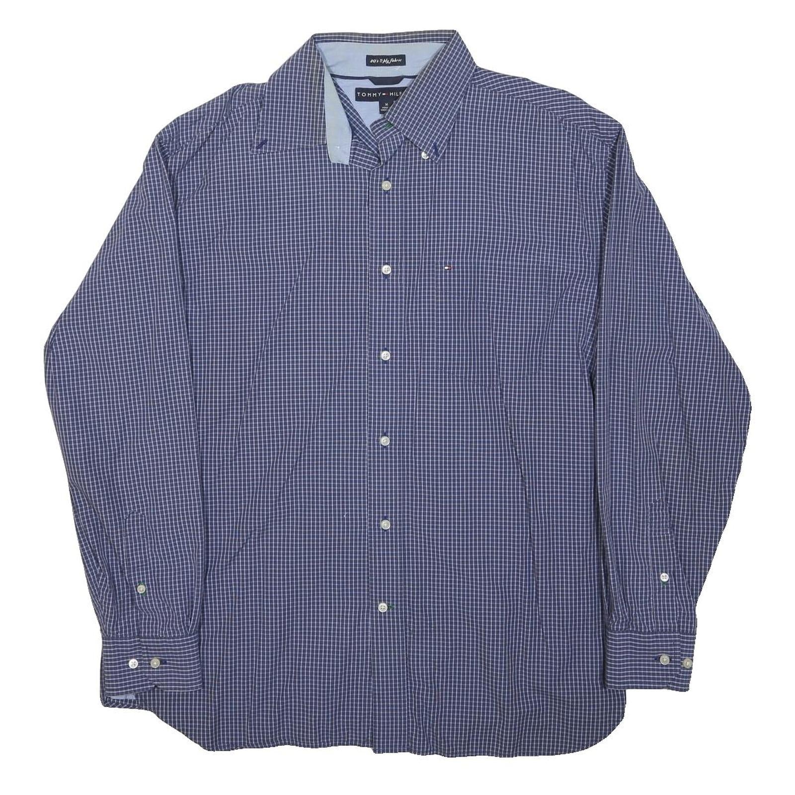 TOMMY HILFIGER Mens Blue Checked Shirt M Button Down Cotton Blend Smart Casual