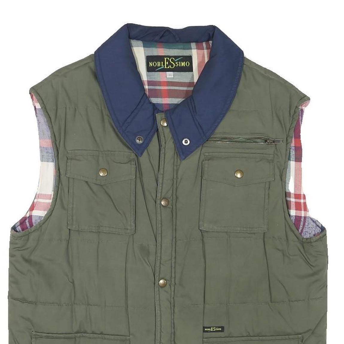 NOBLESSIMO Mens Green & Navy Sleeveless Jacket XL Polyester Blend Quilted Zip