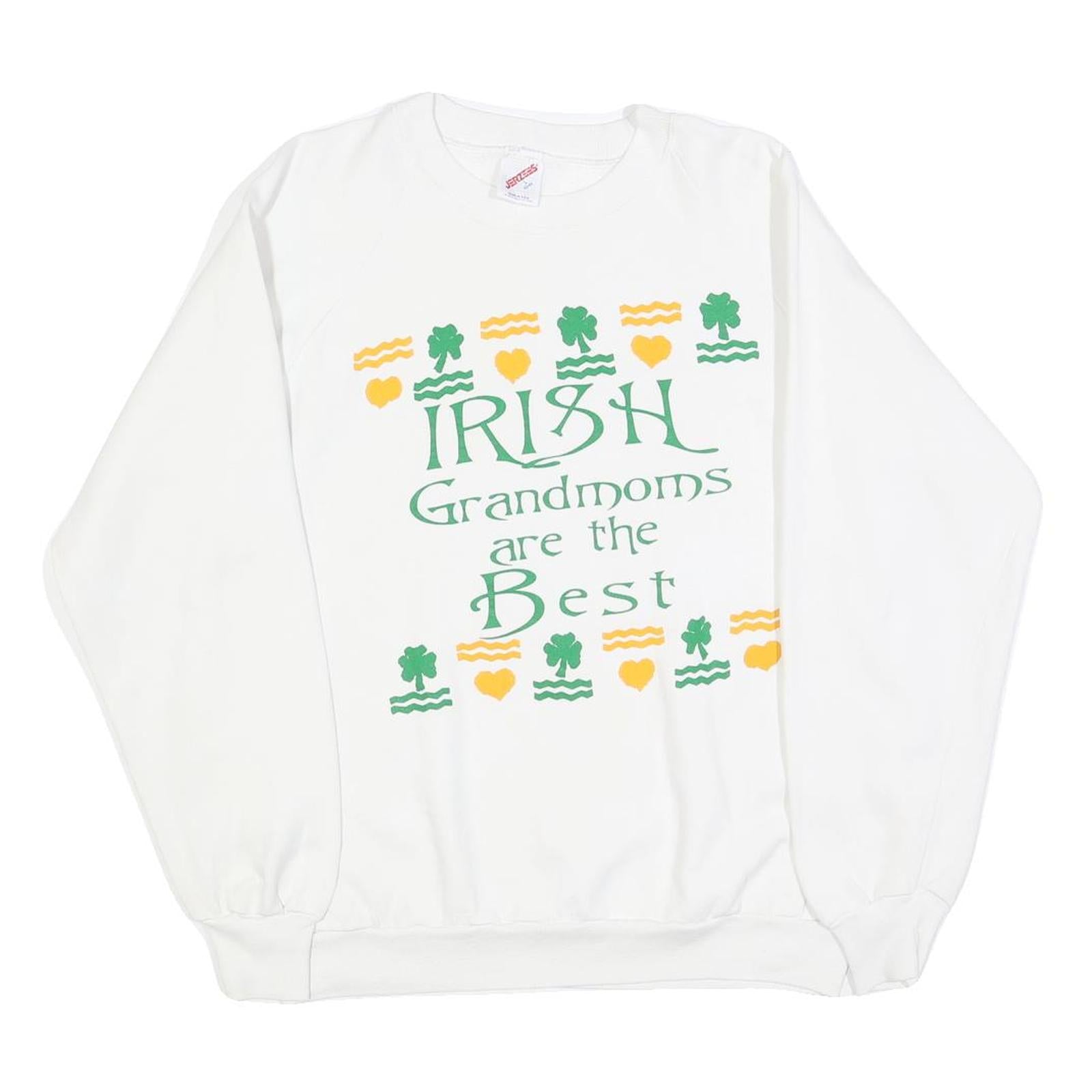 JERZEES Womens White Irish Grandmoms Crew Neck L Sweatshirt Cotton Blend