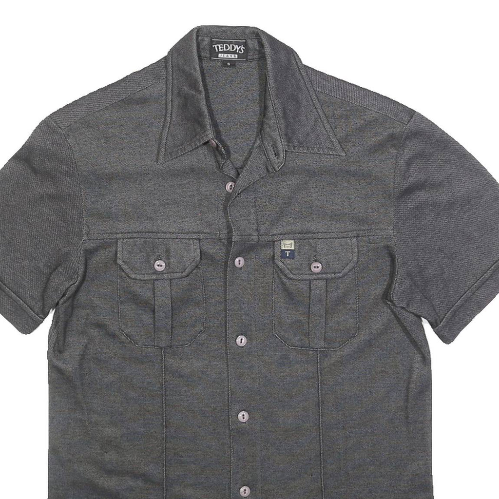 TEDDYS Womens Grey Plain Cotton Blend Shirt S Short Sleeve Button Front
