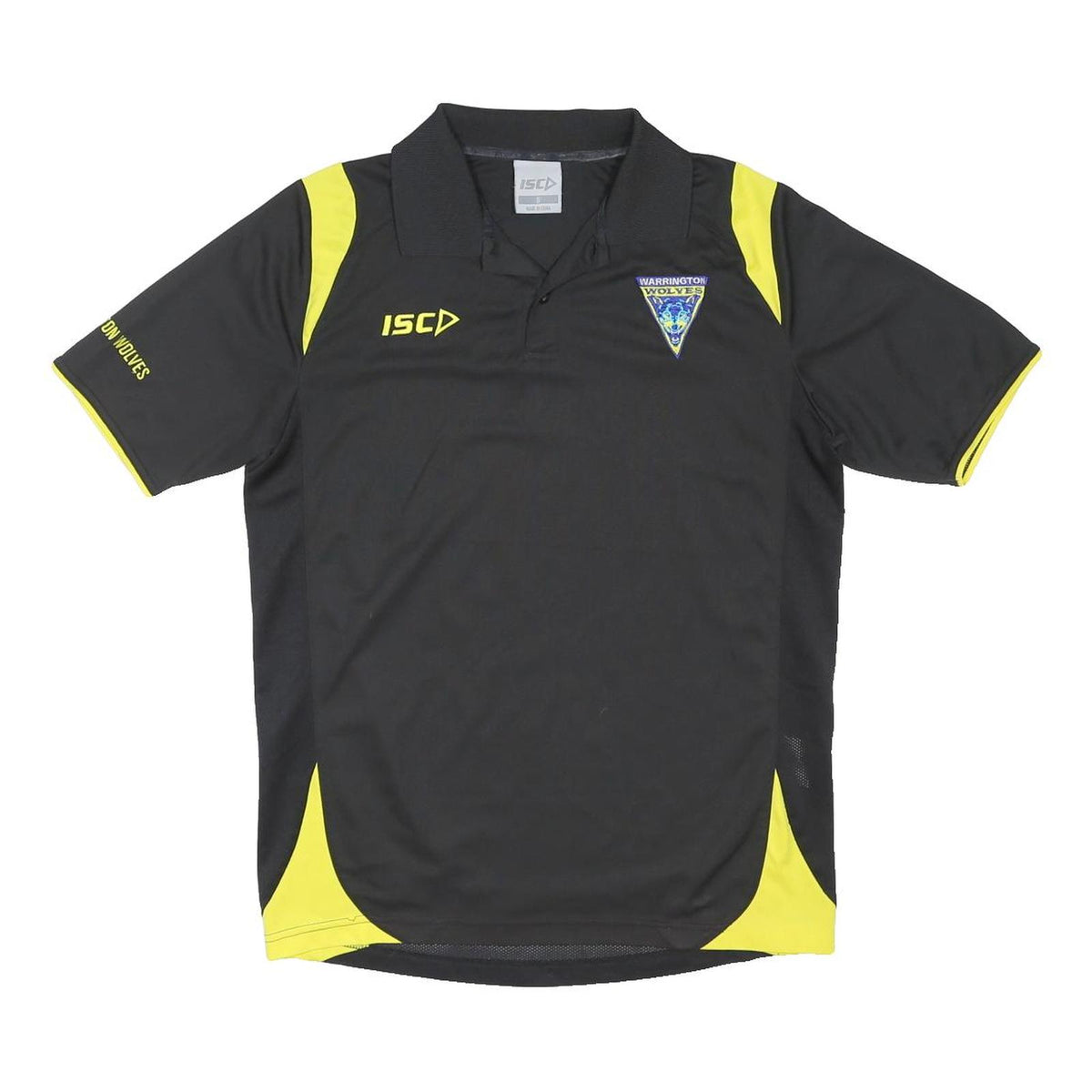 ISC Mens Black & Yellow Warrington Wolves Short Sleeve Polo Shirt S Sportswear
