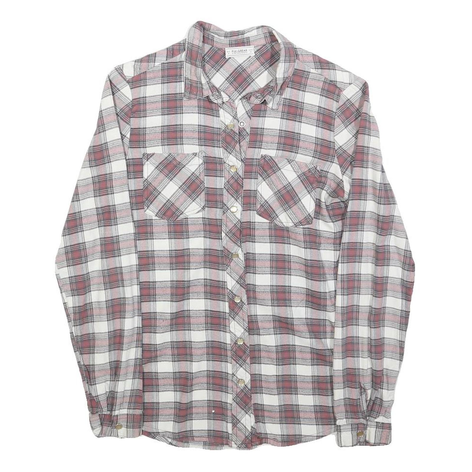 PULL & BEAR Womens White & Red Checked Shirt S Lightweight Cotton Blend Casual