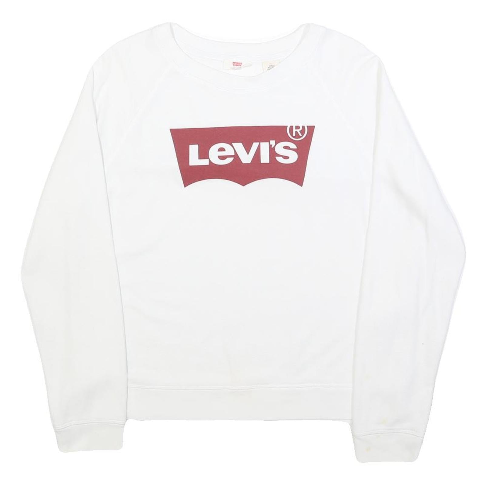 LEVI'S Womens White Cotton Blend Crew Neck Sweatshirt L Logo Print Casual