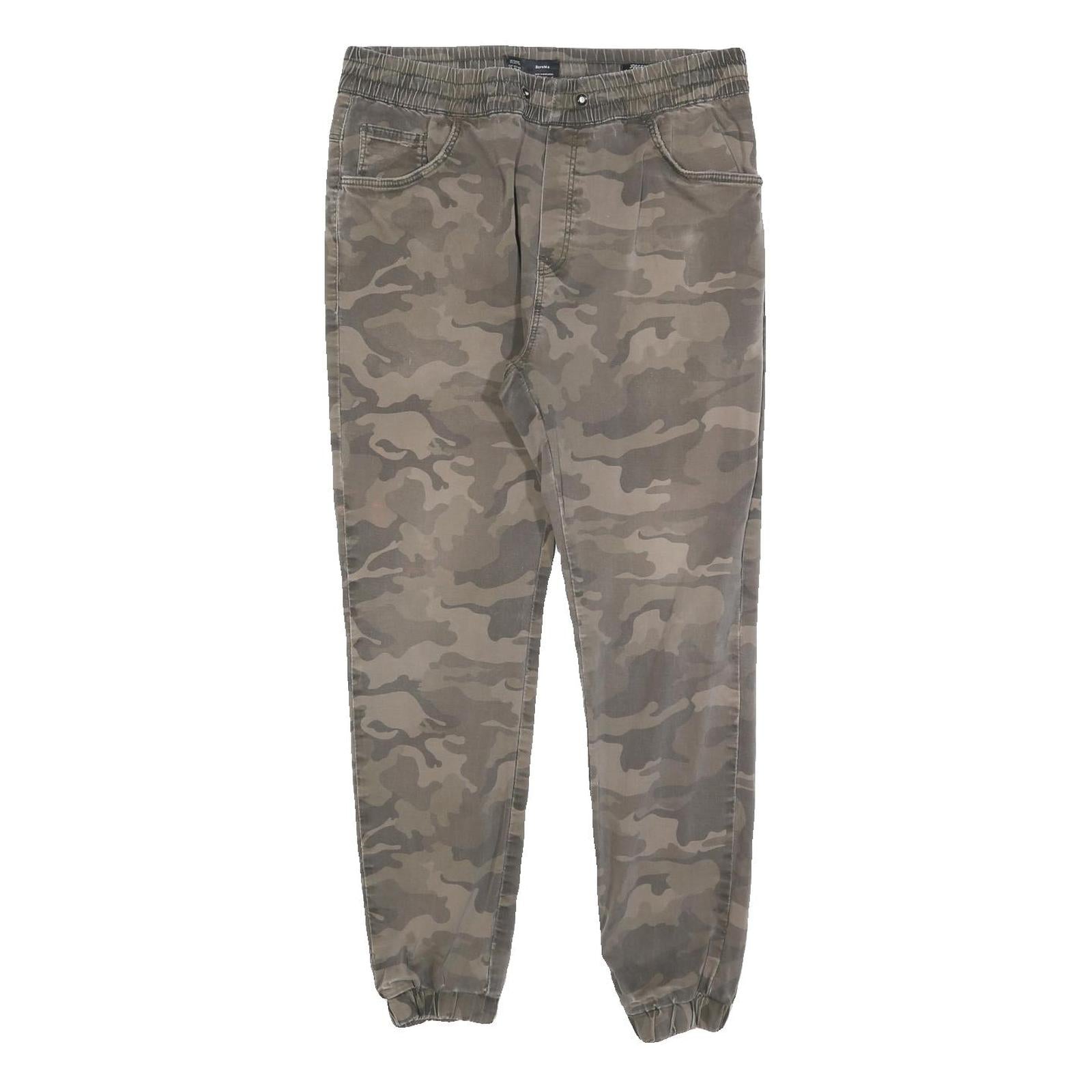 BERSHKA Mens Cotton Blend Camouflage Slim Tapered Trousers W32 L28 Elastic Waist
