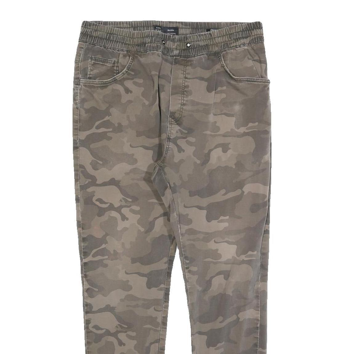 BERSHKA Mens Cotton Blend Camouflage Slim Tapered Trousers W32 L28 Elastic Waist