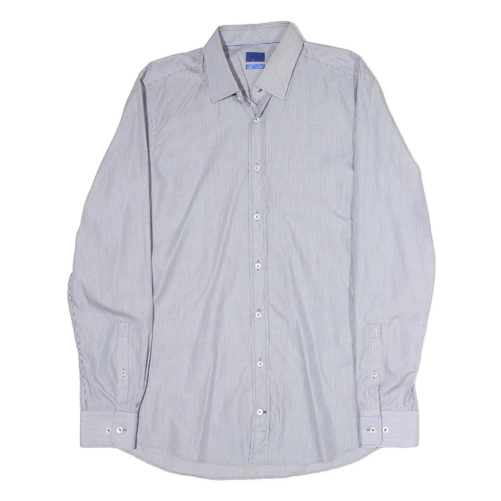 LOOPS Mens Blue & White Striped Shirt L Classic Cotton Blend Button Collar Long