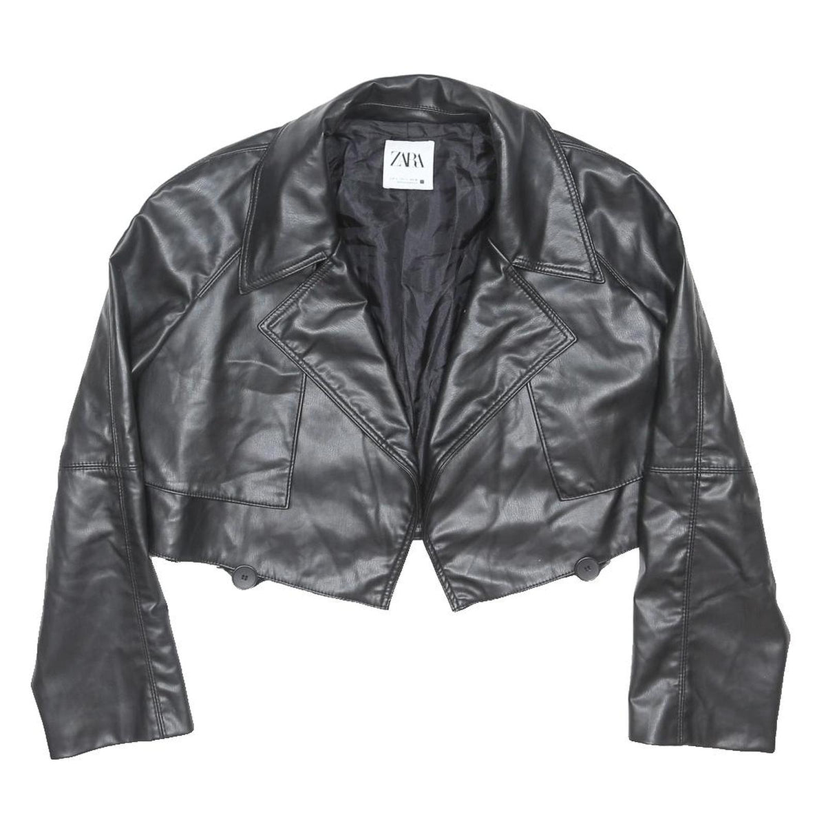 ZARA Womens Black Biker Faux Leather Jacket L Tailored Plain Button Closure