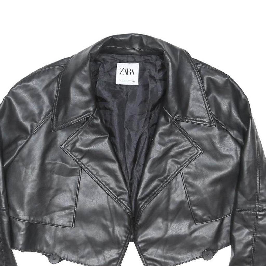 ZARA Womens Black Biker Faux Leather Jacket L Tailored Plain Button Closure