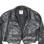 ZARA Womens Black Biker Faux Leather Jacket L Tailored Plain Button Closure