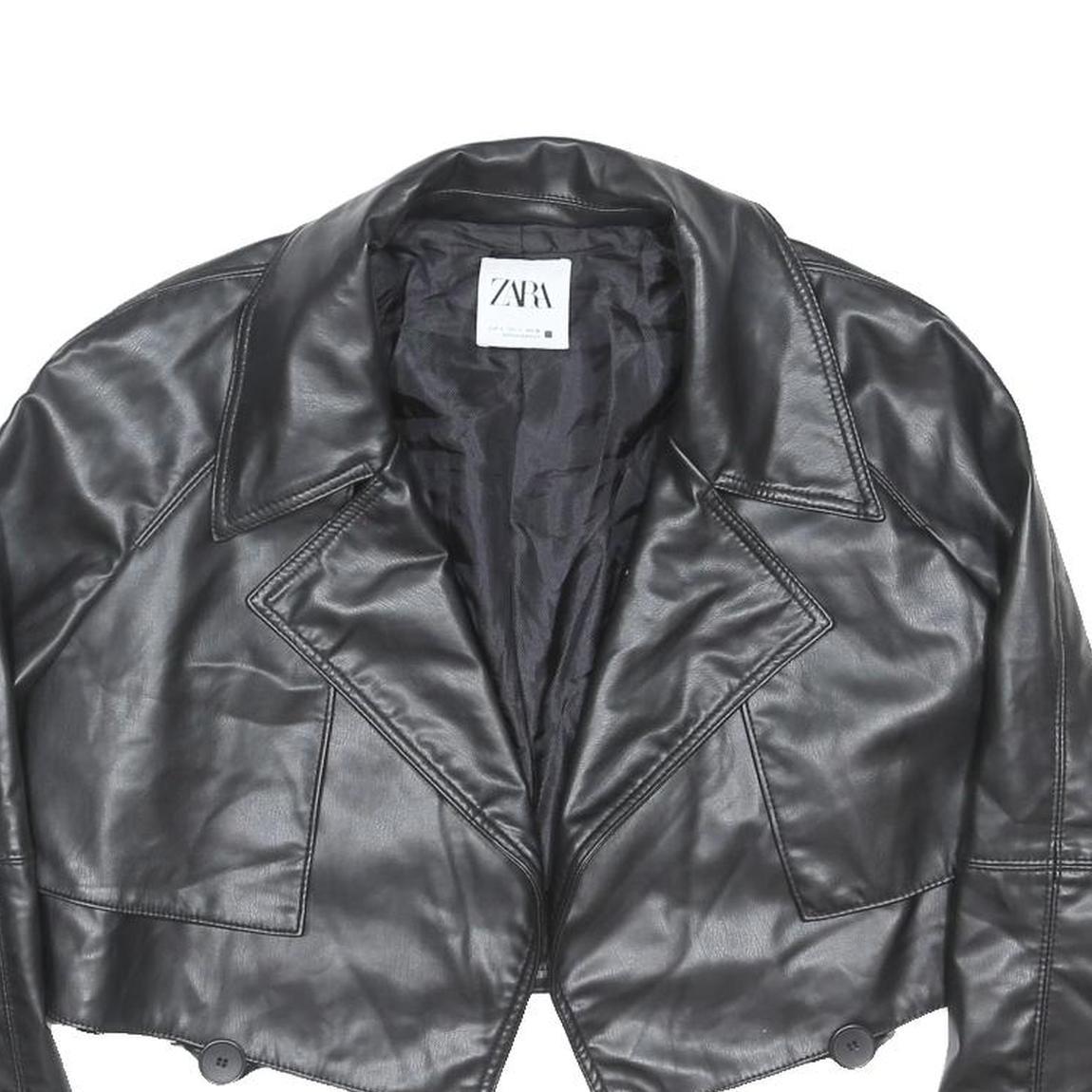 ZARA Womens Black Biker Faux Leather Jacket L Tailored Plain Button Closure