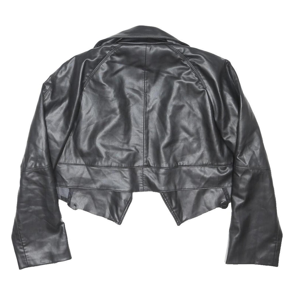 ZARA Womens Black Biker Faux Leather Jacket L Tailored Plain Button Closure