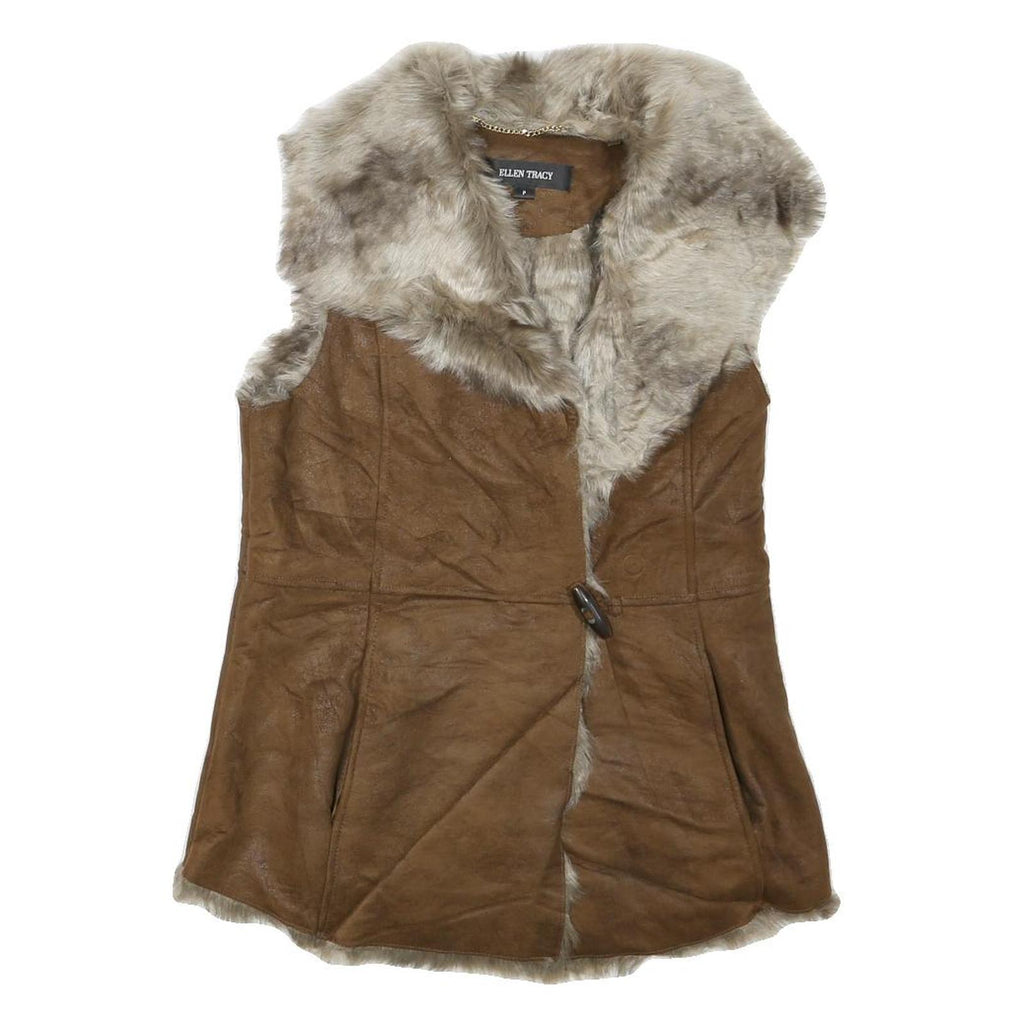 ELLEN TRACY Womens Brown Faux Fur Suede Button Jacket S Sleeveless Retro