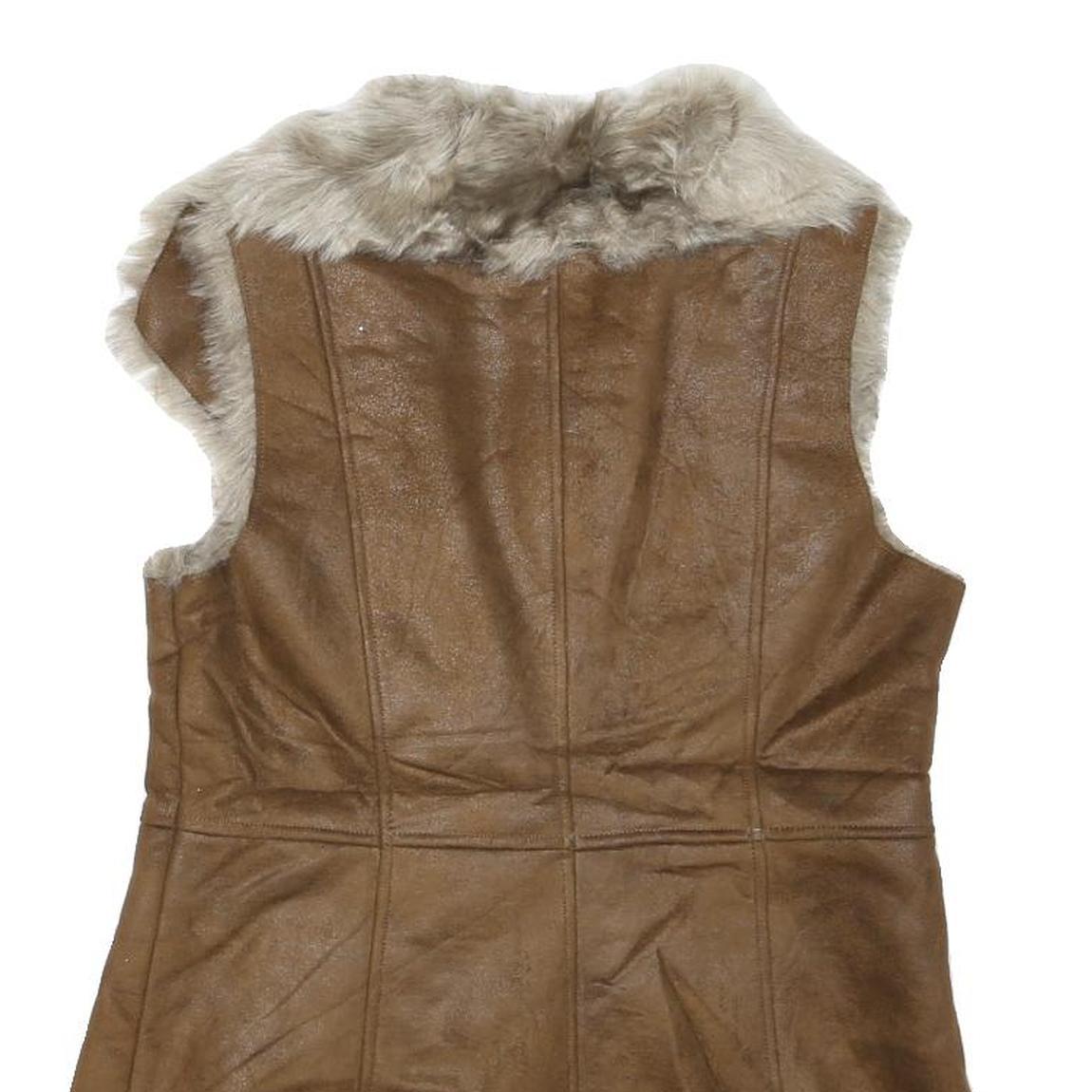 ELLEN TRACY Womens Brown Faux Fur Suede Button Jacket S Sleeveless Retro