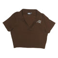 ACDC Womens Brown Cropped Polo Short Sleeve Collared XL Cotton Blend Logo Top