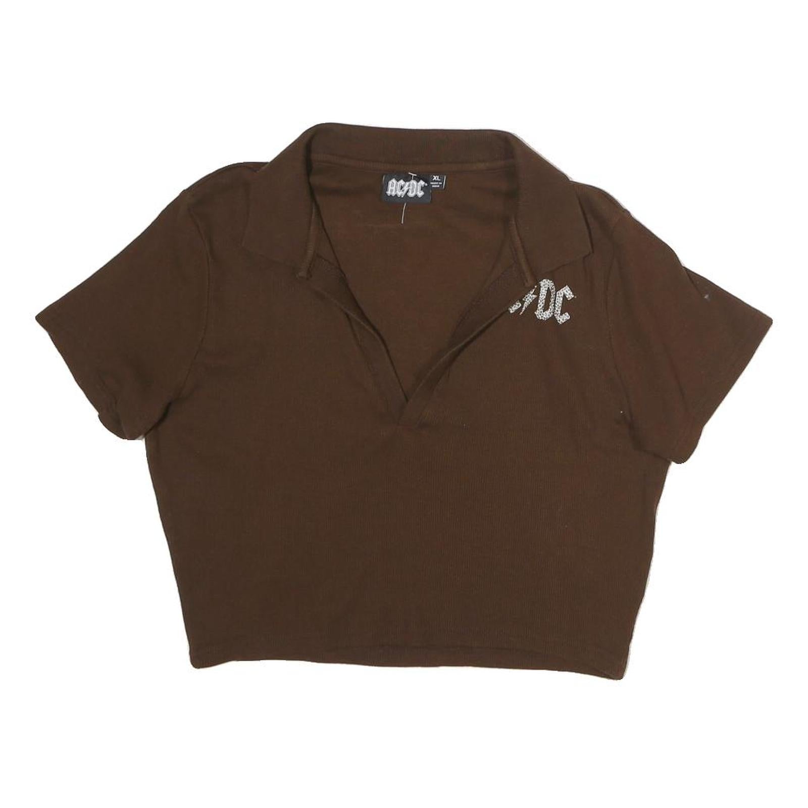 ACDC Womens Brown Cropped Polo Short Sleeve Collared XL Cotton Blend Logo Top
