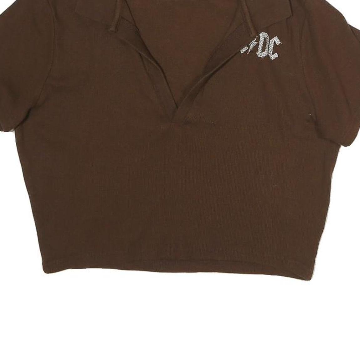ACDC Womens Brown Cropped Polo Short Sleeve Collared XL Cotton Blend Logo Top