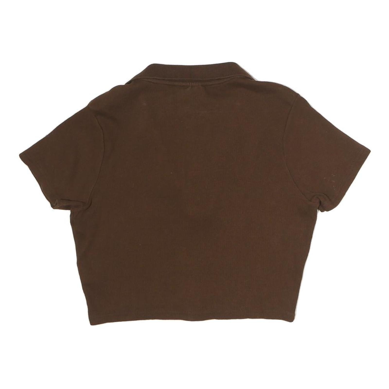 ACDC Womens Brown Cropped Polo Short Sleeve Collared XL Cotton Blend Logo Top