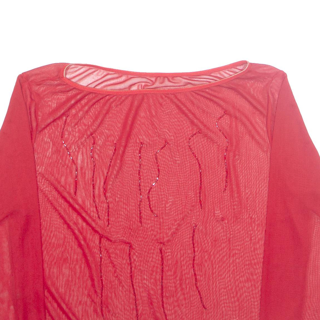 Sheer Beaded Womens Top Red Long Sleeve M