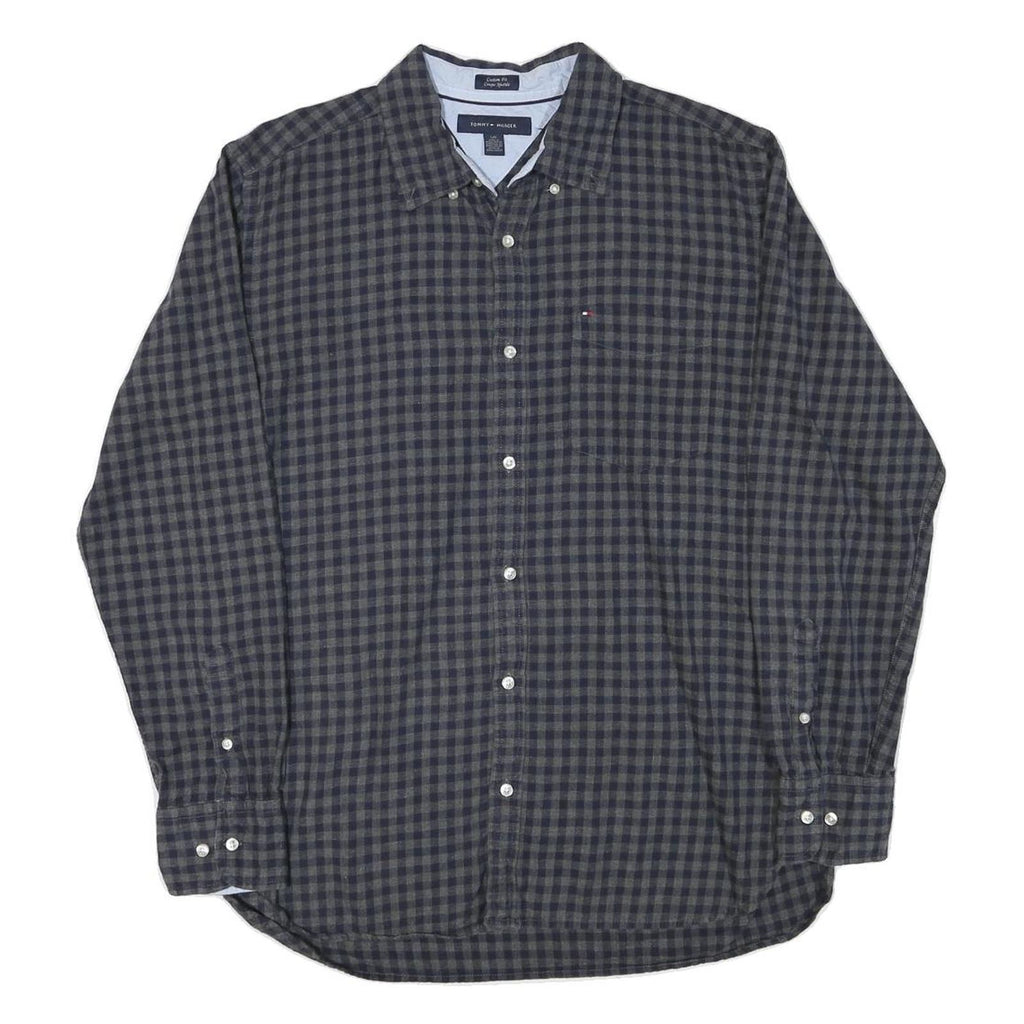TOMMY HILFIGER Mens Blue & Grey Check Shirt L Casual Cotton Blend Long Sleeve