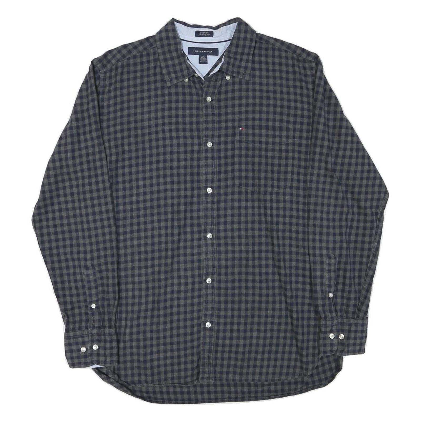 TOMMY HILFIGER Mens Blue & Grey Check Shirt L Casual Cotton Blend Long Sleeve
