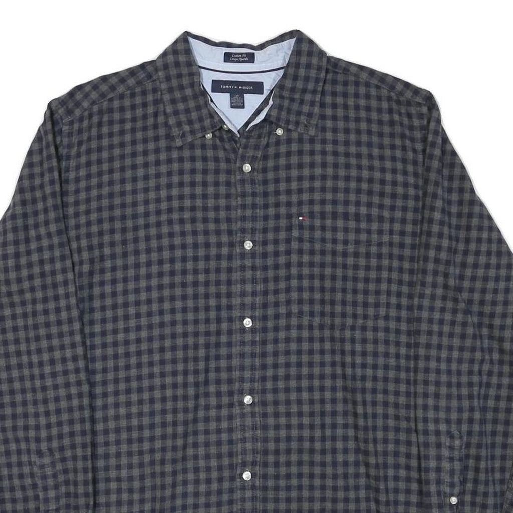 TOMMY HILFIGER Mens Blue & Grey Check Shirt L Casual Cotton Blend Long Sleeve