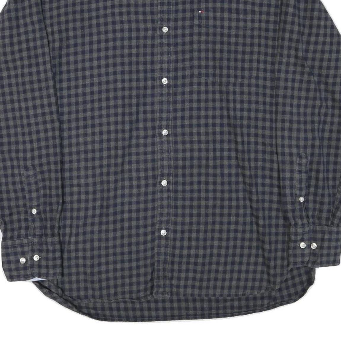 TOMMY HILFIGER Mens Blue & Grey Check Shirt L Casual Cotton Blend Long Sleeve