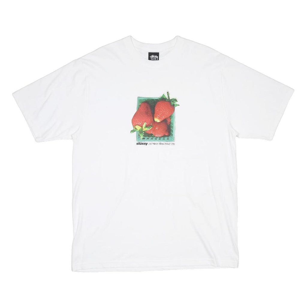 STUSSY Berries Mens White Graphic T-Shirt M Short Sleeve Crew Neck Cotton