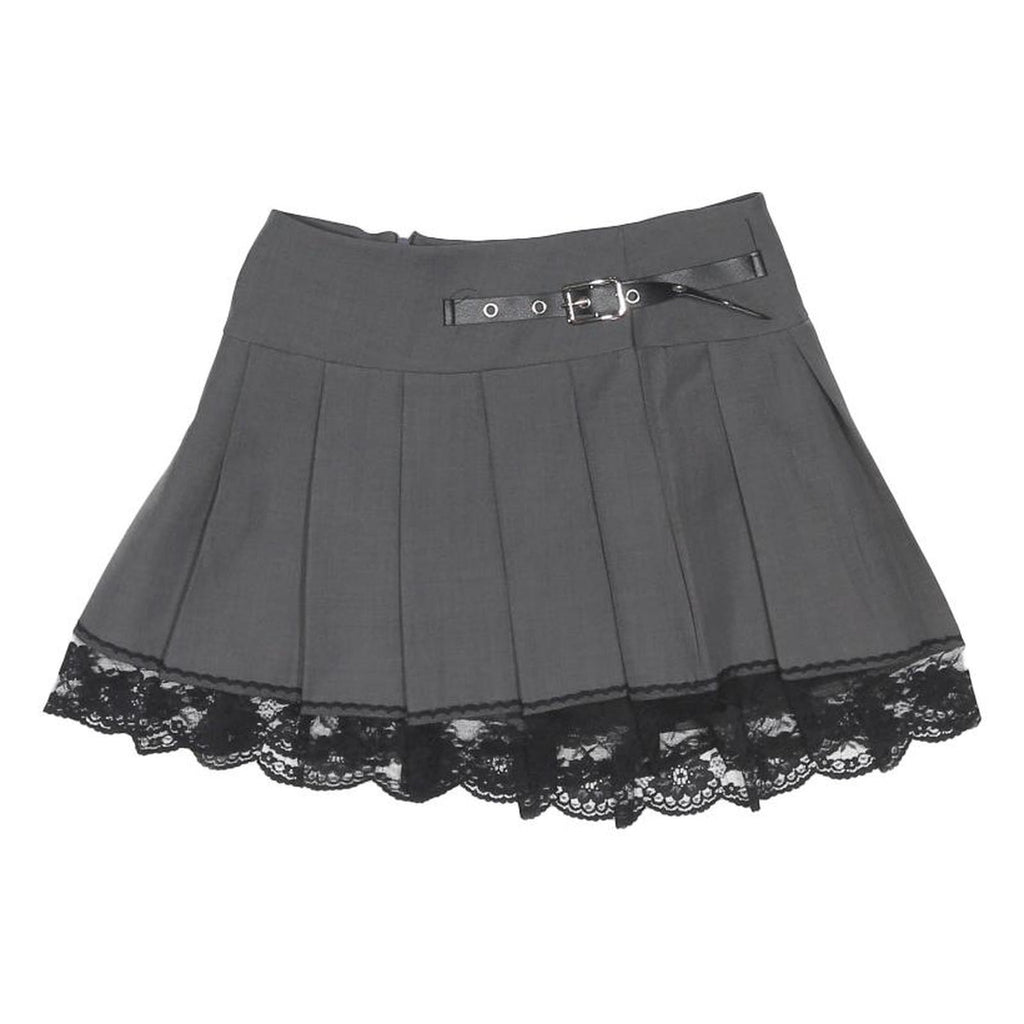 Womens Grey Pleated Mini Woven Skirt Polyester Blend S Belted Lace Trim