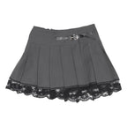 Womens Grey Pleated Mini Woven Skirt Polyester Blend S Belted Lace Trim