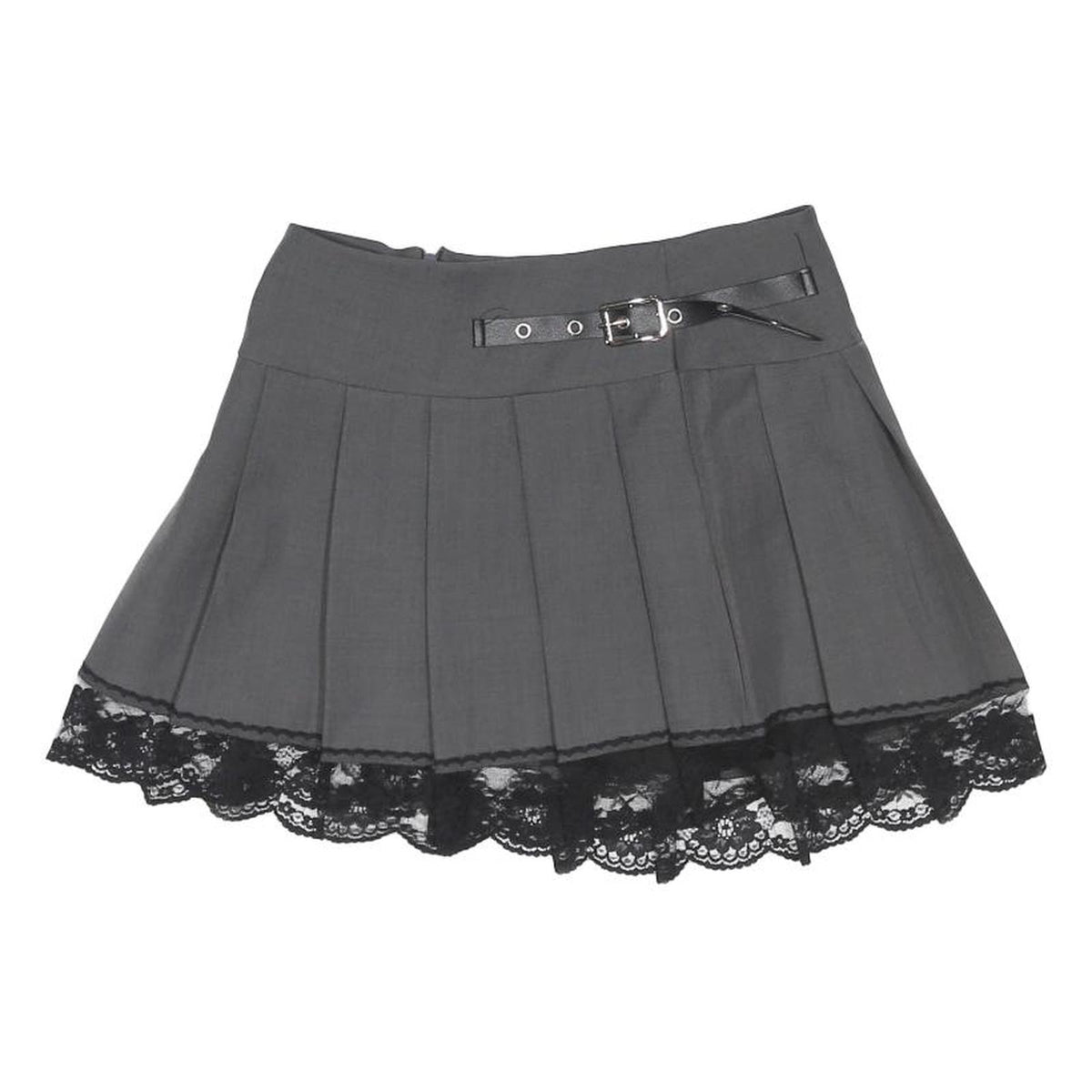 Womens Grey Pleated Mini Woven Skirt Polyester Blend S Belted Lace Trim