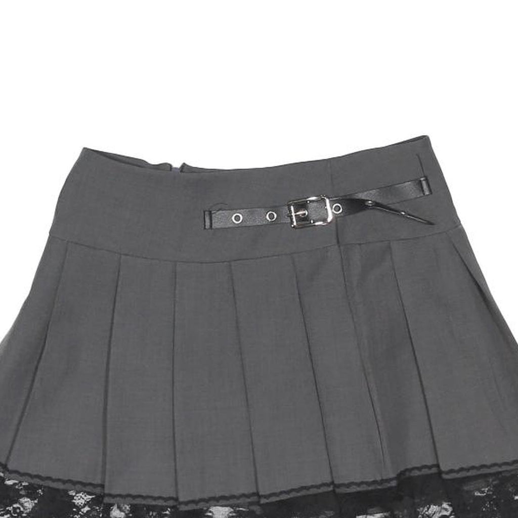 Womens Grey Pleated Mini Woven Skirt Polyester Blend S Belted Lace Trim