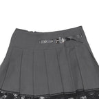 Womens Grey Pleated Mini Woven Skirt Polyester Blend S Belted Lace Trim