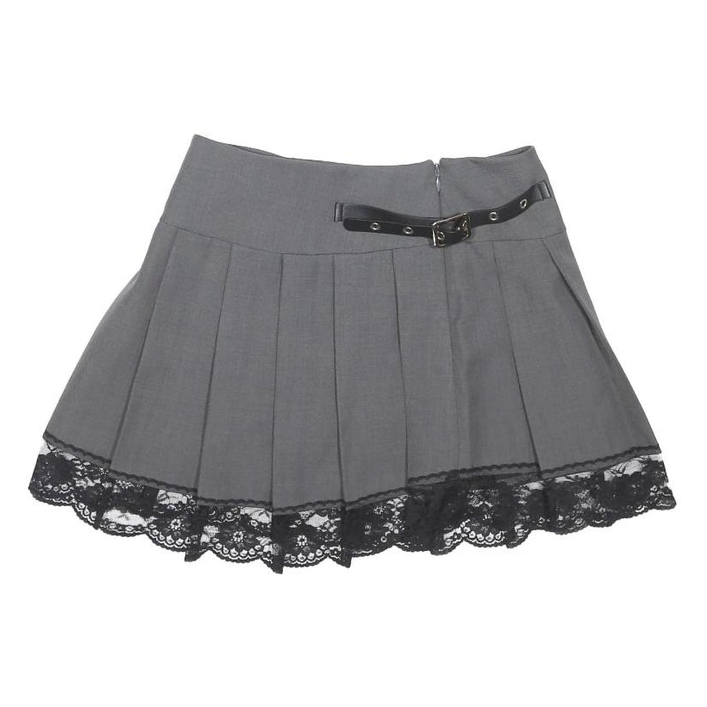 Womens Grey Pleated Mini Woven Skirt Polyester Blend S Belted Lace Trim