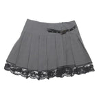 Womens Grey Pleated Mini Woven Skirt Polyester Blend S Belted Lace Trim