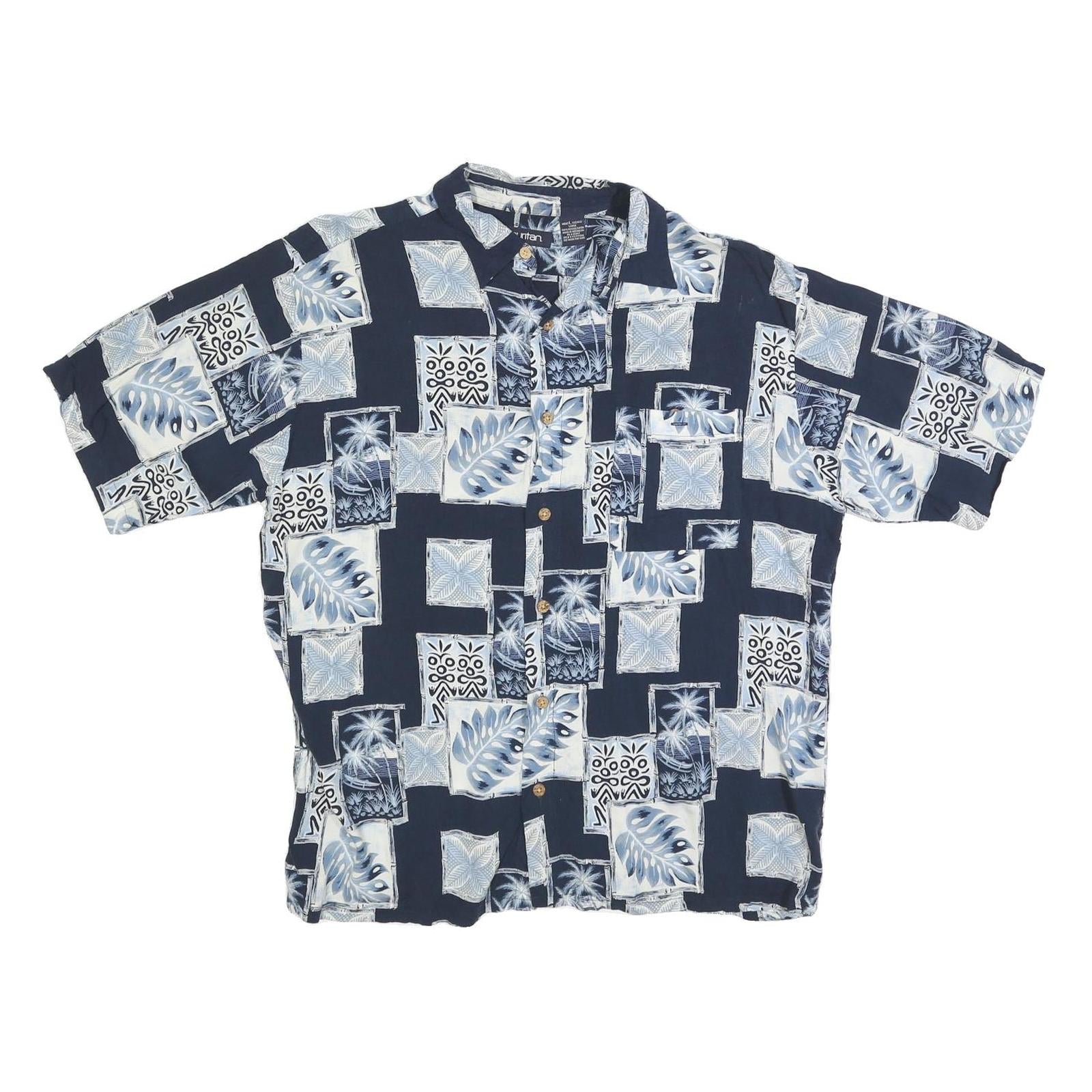 PURITAN Mens Blue & White Pattern Cotton Blend Shirt L Hawaiian Casual