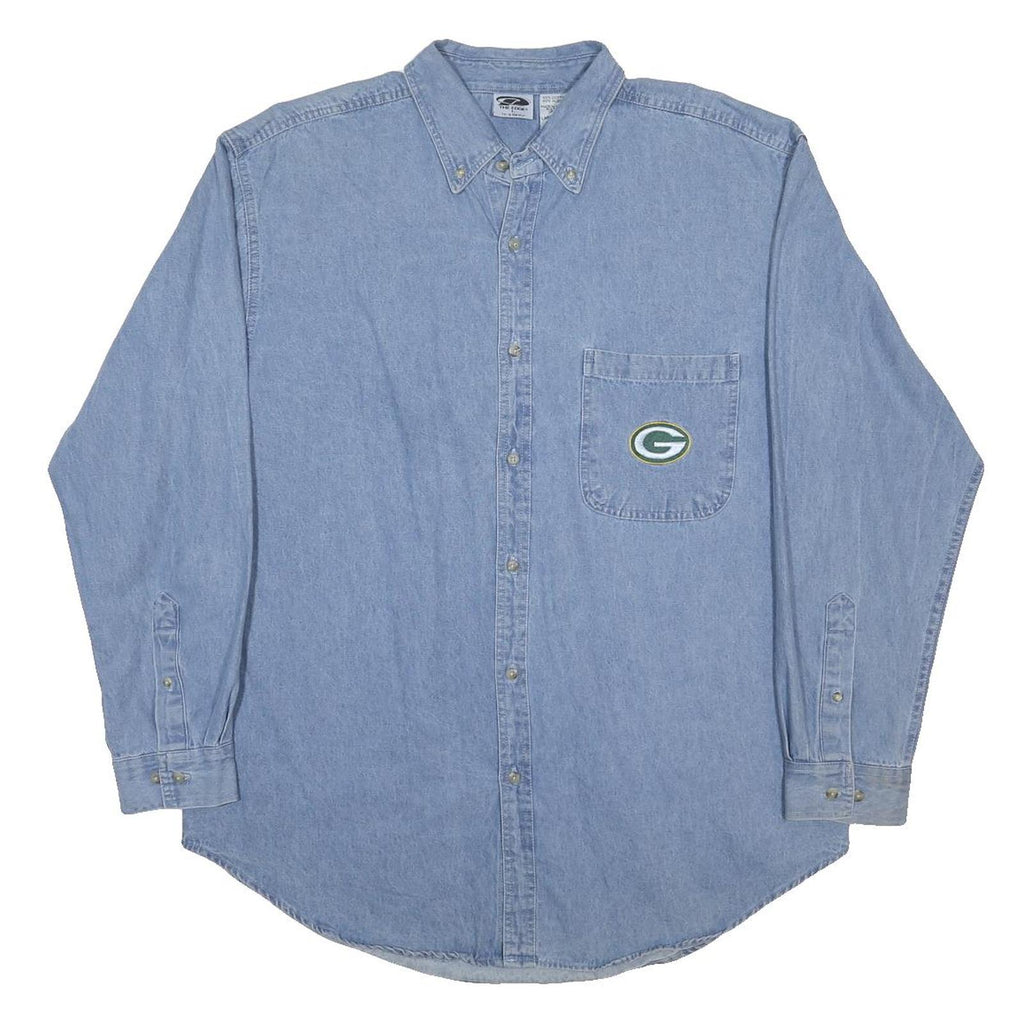 THE EDGE Mens Blue Cotton Shirt L Embroidered Logo Pocket Casual Button Down