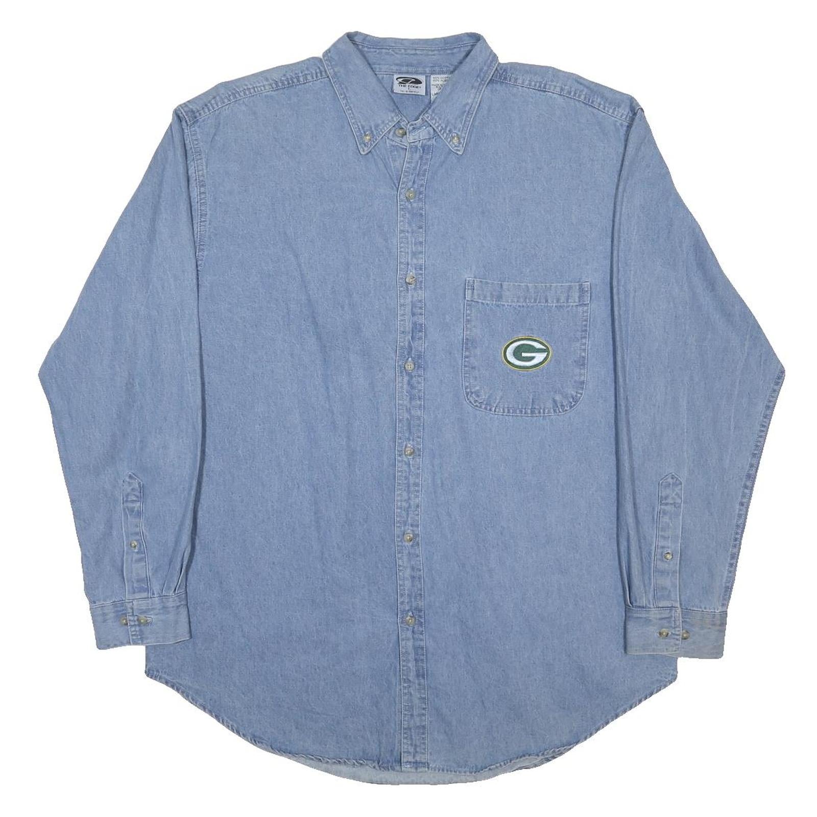 THE EDGE Mens Blue Cotton Shirt L Embroidered Logo Pocket Casual Button Down