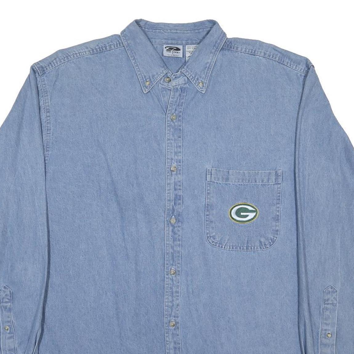 THE EDGE Mens Blue Cotton Shirt L Embroidered Logo Pocket Casual Button Down