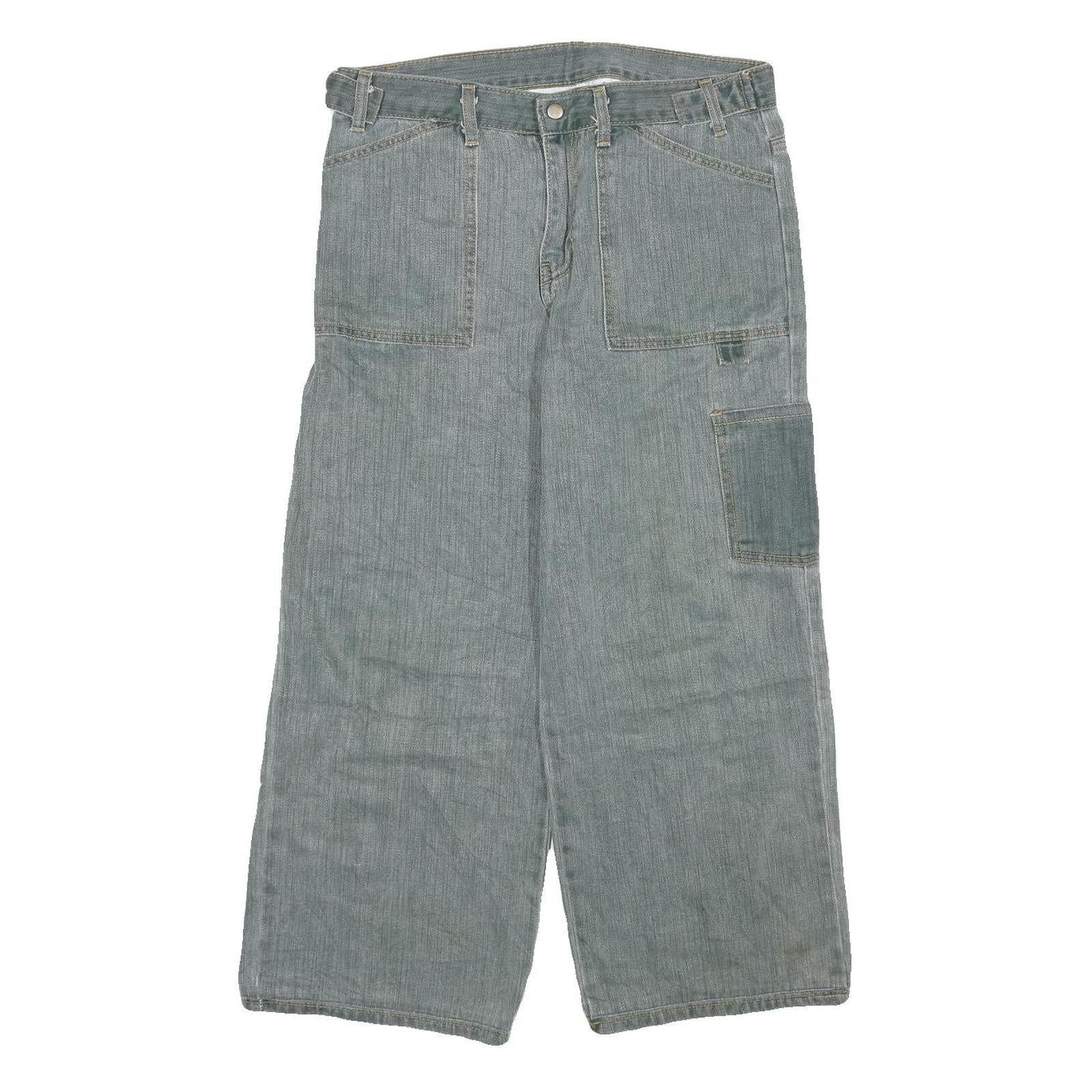 Womens Relaxed Blue Jeans Denim W32 L23 Cargo Patchwork Utility Pockets Zip