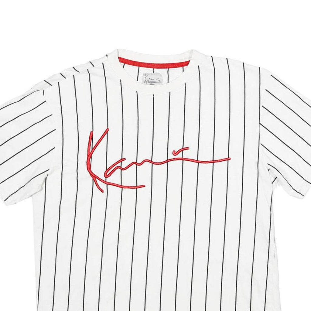 KARL KANI Mens White Black Pinstriped Signature T-Shirt XS Short Sleeve Crew