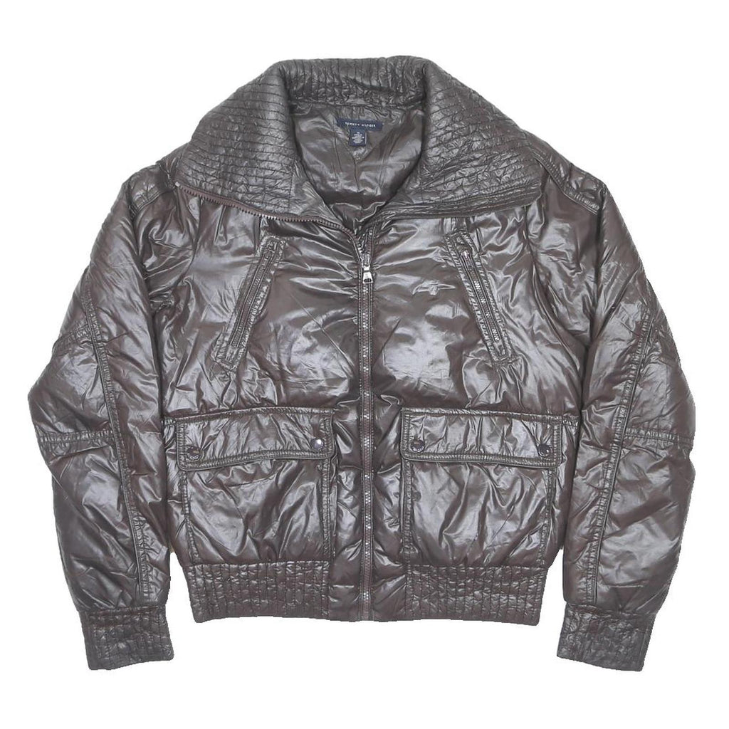 TOMMY HILFIGER Womens Brown Nylon Flight Jacket M Plain Quilted Zip Pockets
