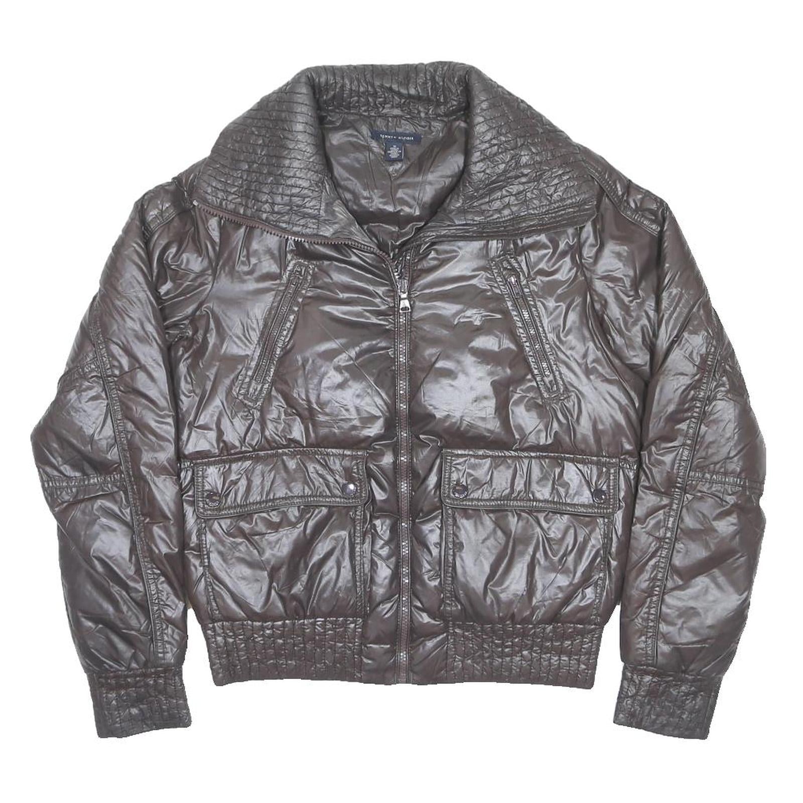 TOMMY HILFIGER Womens Brown Nylon Flight Jacket M Plain Quilted Zip Pockets