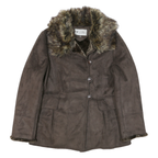 LONDON FOG Mens Brown Leather Jacket M Button Faux Fur Collar Winter