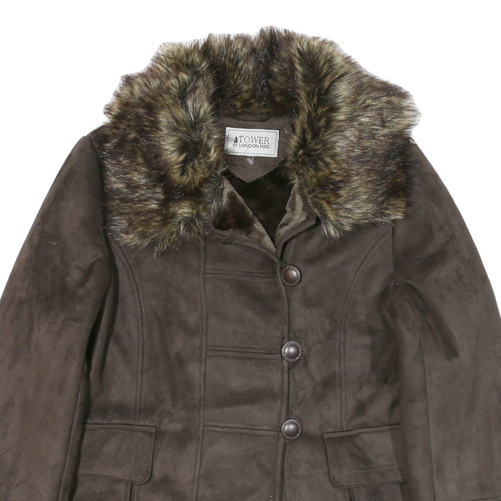 LONDON FOG Mens Brown Leather Jacket M Button Faux Fur Collar Winter