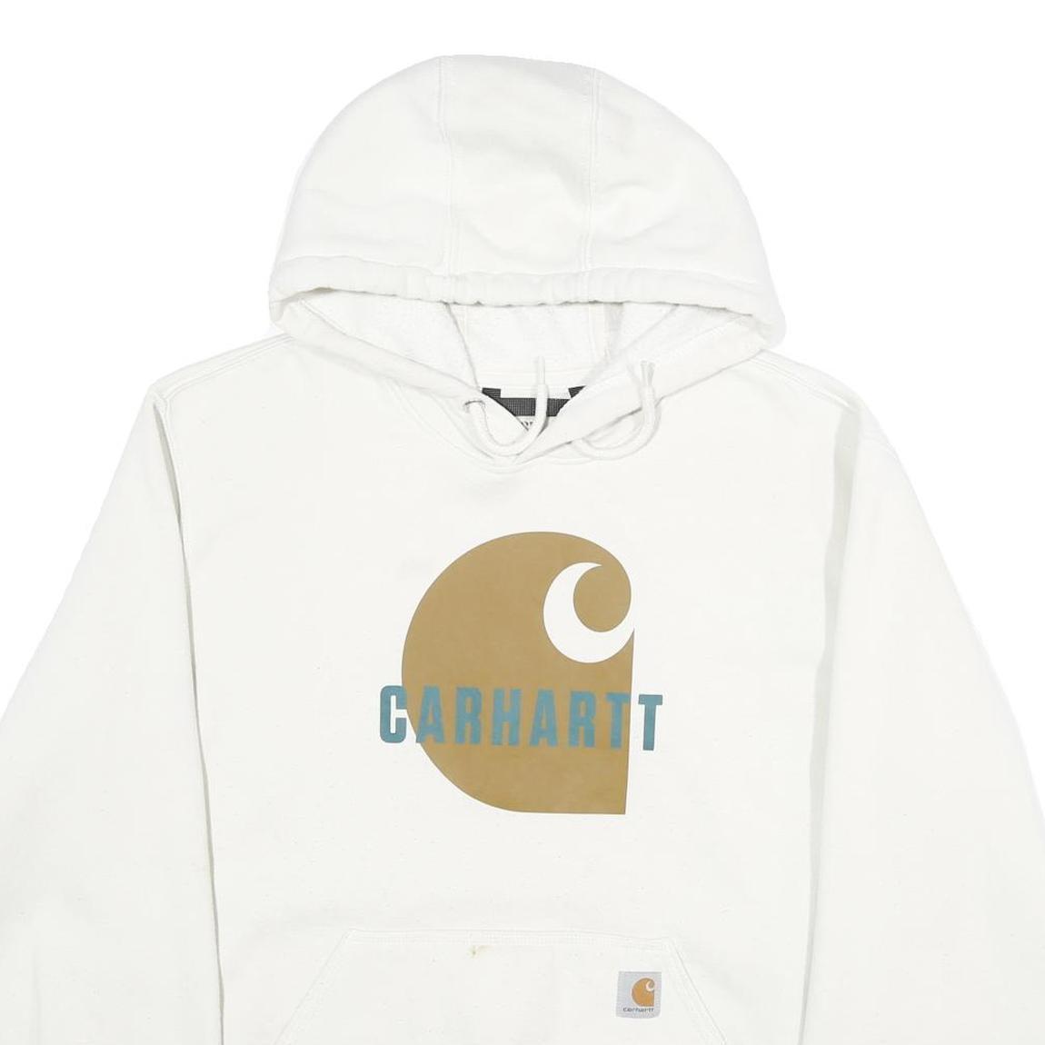 CARHARTT Mens White Hoodie L Cotton Blend Pullover Hooded Sweatshirt