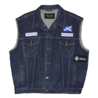 WRANGLER Mens Blue Denim Sleeveless Button Jacket 2XL Cotton Blend Patches