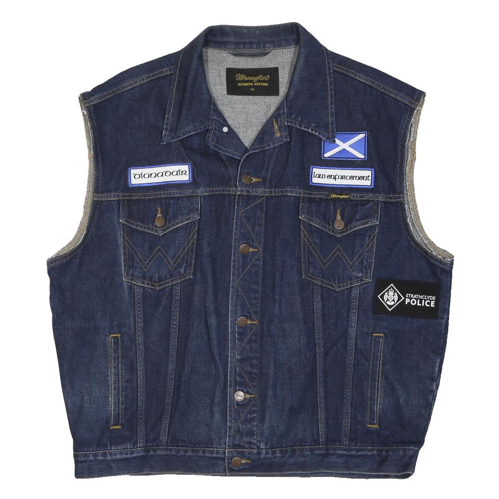 WRANGLER Mens Blue Denim Sleeveless Button Jacket 2XL Cotton Blend Patches