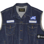 WRANGLER Mens Blue Denim Sleeveless Button Jacket 2XL Cotton Blend Patches