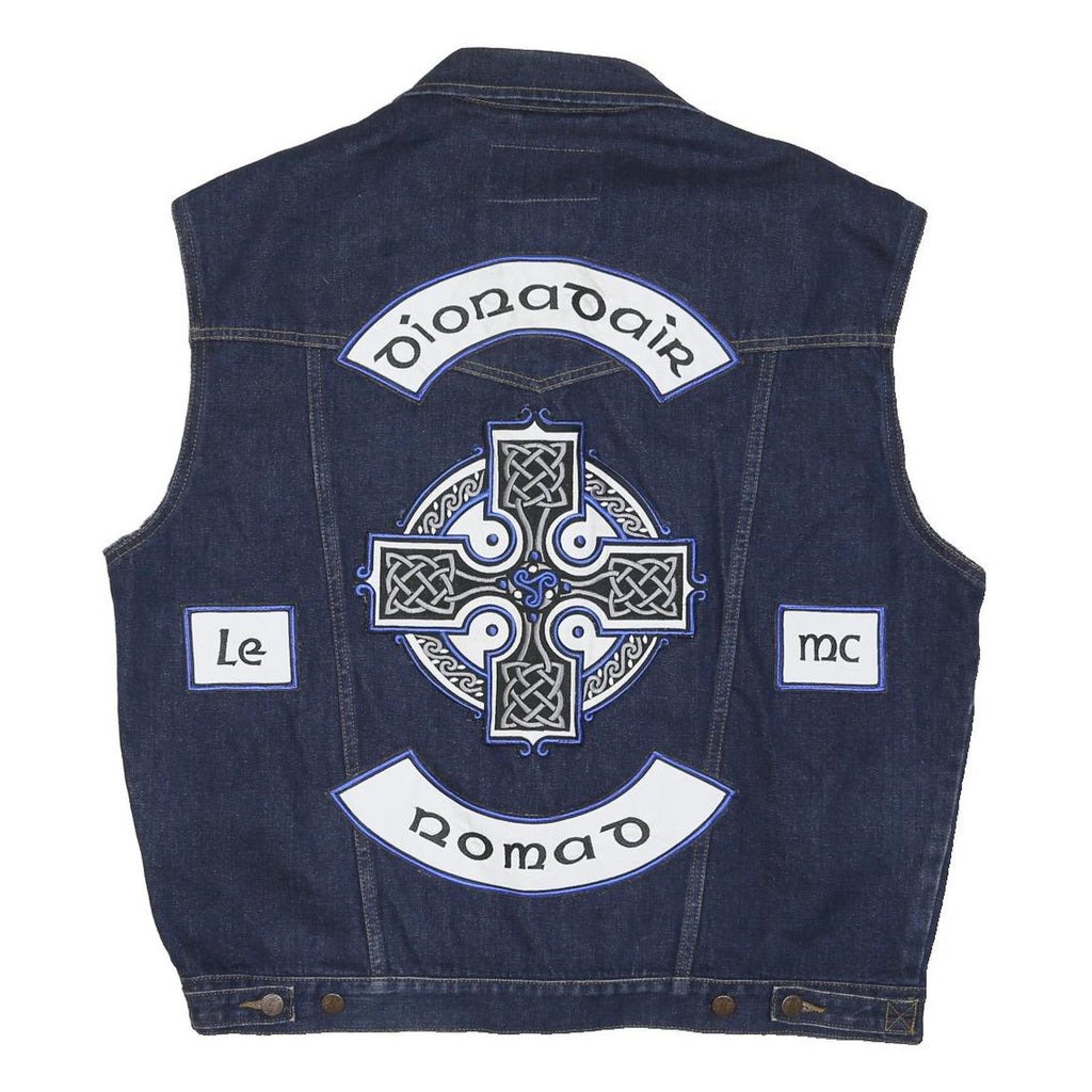 WRANGLER Mens Blue Denim Sleeveless Button Jacket 2XL Cotton Blend Patches
